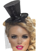Black Glitter Mini Top Hat with Veil 20s Burlesque 1