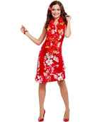 Hawaiian Beauty Costume Adult Red White Dress Hairpiece and Bracelet 4