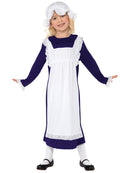 Victorian Poor Girl Costume Blue Dress with White Apron and Mop Cap 1