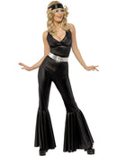 70s Diva Costume Adult Black Catsuit Head Scarf and Silver Belt 1