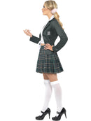 Preppy Schoolgirl Costume Adult Green White Shirt Skirt Blazer and Marabou Hair Ties 2
