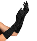 Black Plissé Satin Elastane Gloves 44 Cm