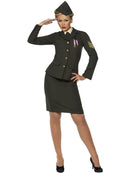 Wartime Officer Costume Green Skirt Jacket with Medal Mock Shirt Front Tie Hat 4