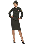 Wartime Officer Costume Green Skirt Jacket with Medal Mock Shirt Front Tie Hat 1
