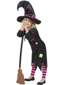 Cinder Witch Costume Kids Black Pink Dress Hat and Striped Tights 3
