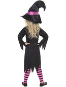 Cinder Witch Costume Kids Black Pink Dress Hat and Striped Tights 4