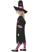 Cinder Witch Costume Kids Black Pink Dress Hat and Striped Tights 2