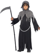 Grim Reaper Costume Kids Black and Grey Hooded Robe with Attached Chain 1