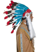 Native American Inspired Headdress Blue Red White Feathers Adult Costume Accessory 2