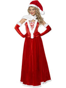 Luxury Miss Santa Costume Adult Red White with Hat Cape Corset Skirt and Gloves 4