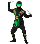 Green Kombat Ninja  Jumpsuit, Chestpiece, Belt, Arm And Legties, Mask, Headband 