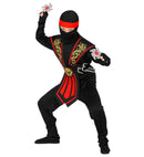 Red Kombat Ninja With Weapons  Jumpsuit, Chestpiece, Belt, Arm & Leg Ties, Mask, Headband, Gloves, 2 Ninja Daggers, 2 Ninja Throwing Stars 