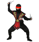 Red Kombat Ninja With Weapons  Jumpsuit, Chestpiece, Belt, Arm & Leg Ties, Mask, Headband, Gloves, 2 Ninja Daggers, 2 Ninja Throwing Stars 