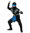 Blue Kombat Ninja With Weapons  Jumpsuit, Chestpiece, Belt, Arm & Leg Ties, Mask, Headband, Gloves, 2 Ninja Daggers, 2 Ninja Throwing Stars 