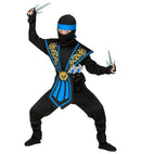 Blue Kombat Ninja With Weapons  Jumpsuit, Chestpiece, Belt, Arm & Leg Ties, Mask, Headband, Gloves, 2 Ninja Daggers, 2 Ninja Throwing Stars 