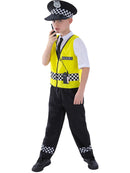 Police Boy Costume Kids Yellow Top Black Trousers Hat and Radio Set 1