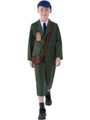 World War II Evacuee Boy Costume Kids Green Coat Trousers Hat and Bag 1