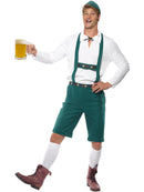 Oktoberfest Costume Adult Green Lederhosen Shorts With Braces White Top and Hat 1