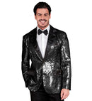 Party Fashion Jacket  Black Sequin Jacket With Satin Collar And Pockets 