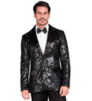 Party Fashion Jacket  Black Sequin Jacket With Satin Collar And Pockets 