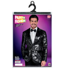 Party Fashion Jacket  Black Sequin Jacket With Satin Collar And Pockets 