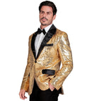 Party Fashion Jacket  Gold Sequin Jacket With Satin Collar And Pockets 
