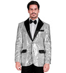 Party Fashion Jacket  Silver Sequin Jacket With Satin Collar And Pockets 