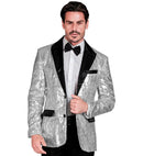 Party Fashion Jacket  Silver Sequin Jacket With Satin Collar And Pockets 
