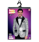 Party Fashion Jacket  Silver Sequin Jacket With Satin Collar And Pockets 