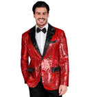 Party Fashion Jacket  Red Sequin Jacket With Satin Collar And Pockets 