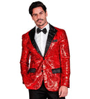Party Fashion Jacket  Red Sequin Jacket With Satin Collar And Pockets 