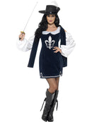 Musketeer Female Costume Adult Navy Blue Dress with White Sleeves Hat 1