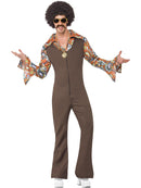 70s Groovy Boogie Costume Brown Jumpsuit with Attached Flowered Shirt 1