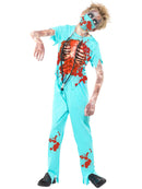 Zombie Surgeon Costume Kids Blue Trousers Top with Exposed Ribs Mask and Stethoscope 1