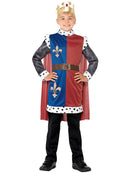 Kids King Arthur Medieval Costume Blue Red Tunic Red Cape Gold Coloured Crown 4