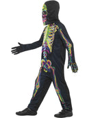 Glow In The Dark Skeleton Costume Kids Multi Coloured Jumpsuit Mask and Gloves 2