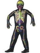 Glow In The Dark Skeleton Costume Kids Multi Coloured Jumpsuit Mask and Gloves 1