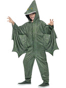 Pterodactyl Dinosaur Costume Kids Green Hooded All In One with Attached Wings 4