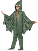 Pterodactyl Dinosaur Costume Kids Green Hooded All In One with Attached Wings 1