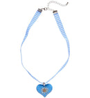 Azure-White Checkered Ribbon Necklace With Strass Edelweiss Heart