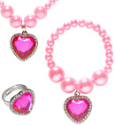 Pink Beaded Strass Gem Heart Necklace, Bracelet & Ring