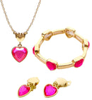 Gold Pink Gem Heart Necklace, Earrings & Bracelet