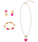Gold Pink Gem Heart Necklace, Earrings & Bracelet