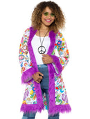 60s Groovy Hippie Coat Adult Multi Coloured with Fur Trim 1