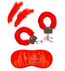 Lovers' Fun Set  Plush Handcuffs, Blindfold, 2 Feathers 