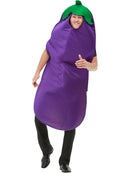 Aubergine Costume Adult Purple Hooded Tabard with attached Green Stork 2