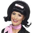 50s Flicked Beehive Bob Adult Black Hair with Pink Ribbon Bow 1