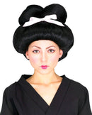 Geisha Woman Black Wig Pink Bow
