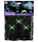 50 G Black Spiderweb With 3 Glow In The Dark Spiders