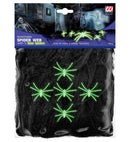 100 G Black Spiderweb With 5 Glow In The Dark Spiders